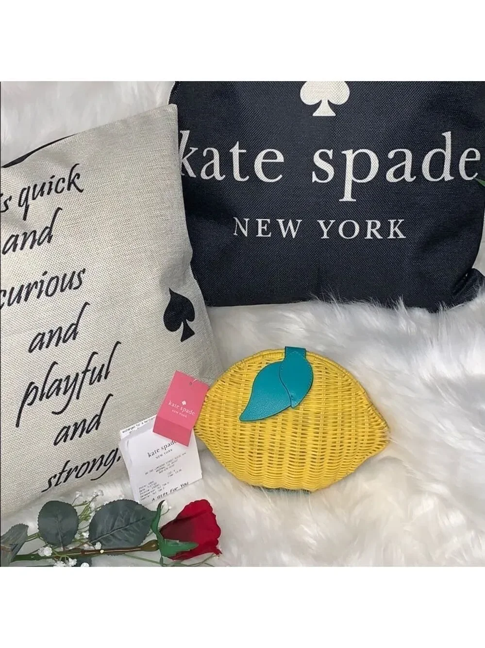 YELLOW AND GREEN KATE SPADE PICNIC PERFECT LEMON WICKER CROSSBODY BAG SUMMER